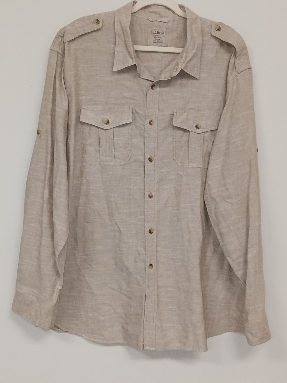 L.L.Bean Mens XXL  Tan Lightweight Cotton Utility Safari Casual Button-Up Shirt